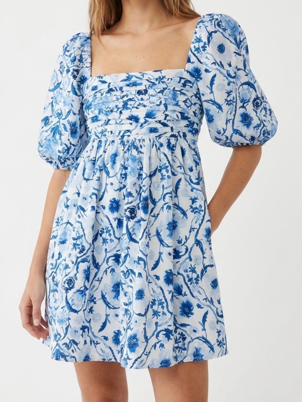 Abercrombie & Fitch Blue Floral Ruched Puff Sleeve Emerson Mini Dress Cotton S